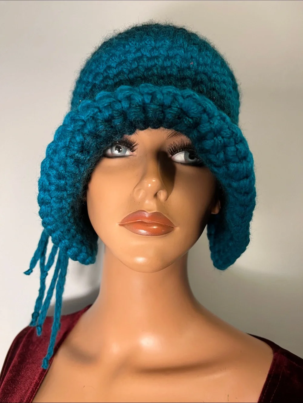 Hand-Knit Teal Cloche Hat with Velvet Band and Button Trim